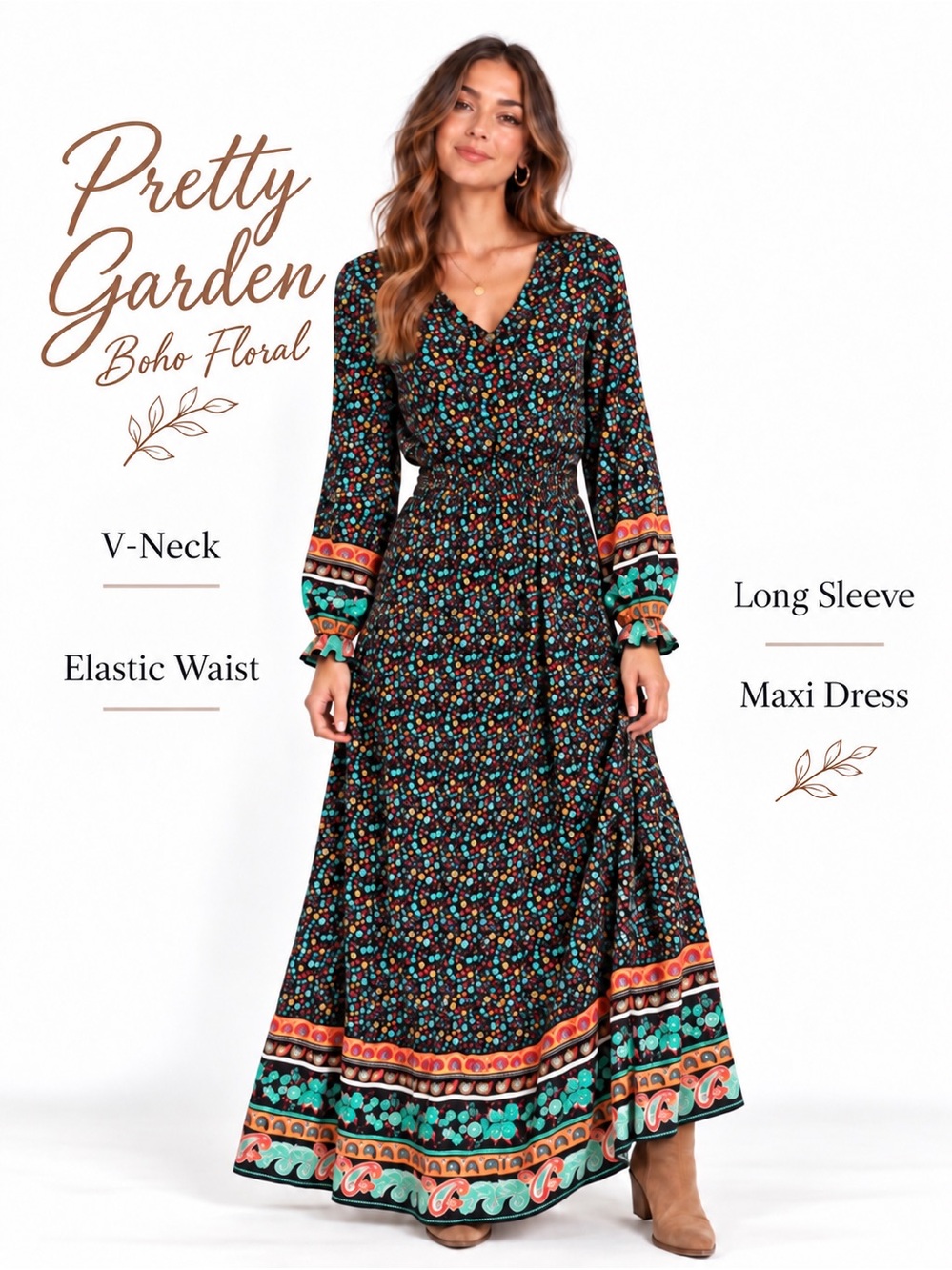 Pretty Garden Boho Floral V Neck Maxi Dress Black rust blue XL